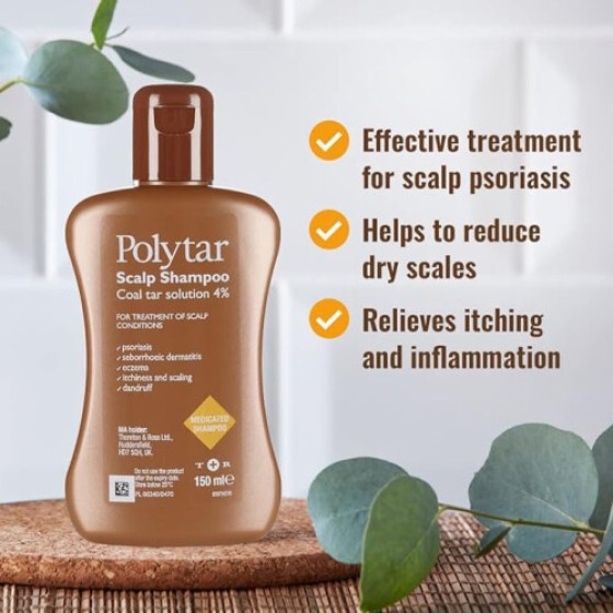 Polytar Shampo Kulit Kepala, untuk pengobatan Psoriasis, Dermatitis Seboroik, Eksim, dan Ketombe, meredakan kulit kepala gatal dan bersisik, mengandung tar batu bara, 150ml (1 botol)